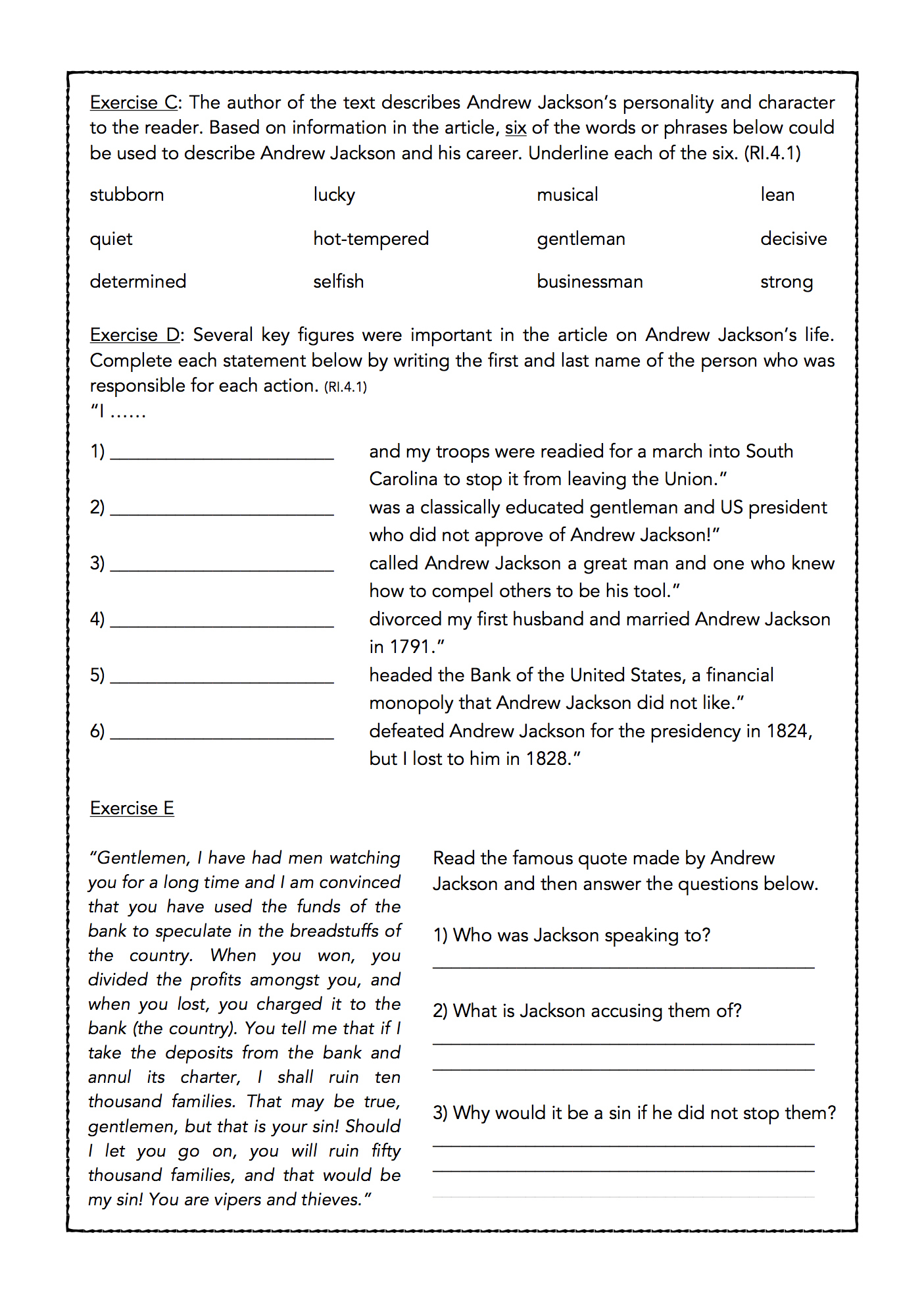 Andrew Jackson- U.s. President Biography And Assessment - Classful inside Jackson&amp;amp;#039;s Presidency In Review Worksheet Answers