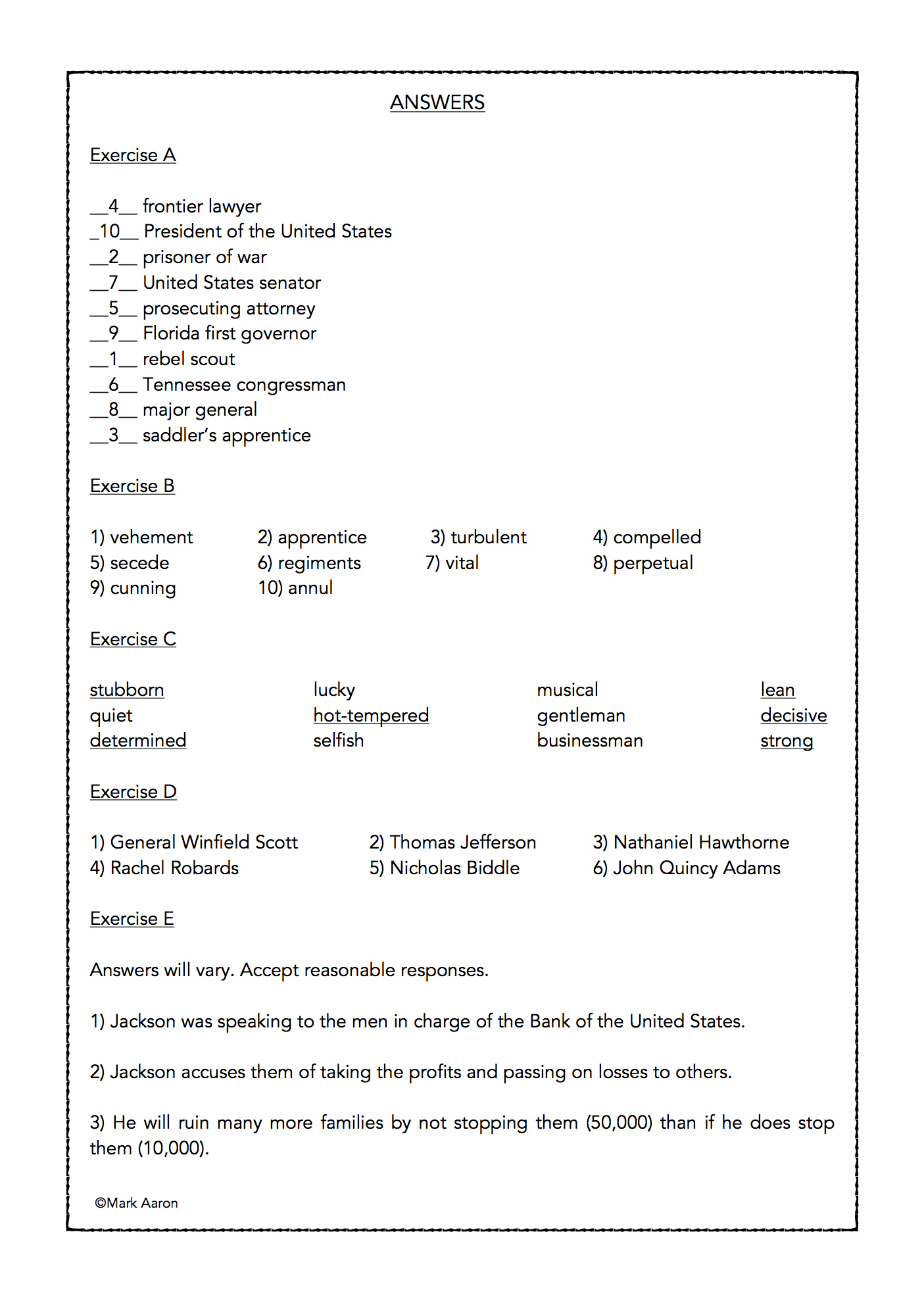 Andrew Jackson- U.s. President Biography And Assessment - Classful throughout Jackson&amp;amp;#039;s Presidency In Review Worksheet