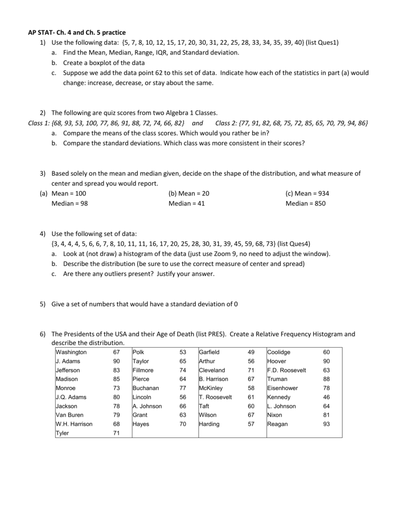 Ap Statistics Ch. 4 &amp;amp; 5 Practice Problems pertaining to 74 93 Presidents Worksheet Answer Key