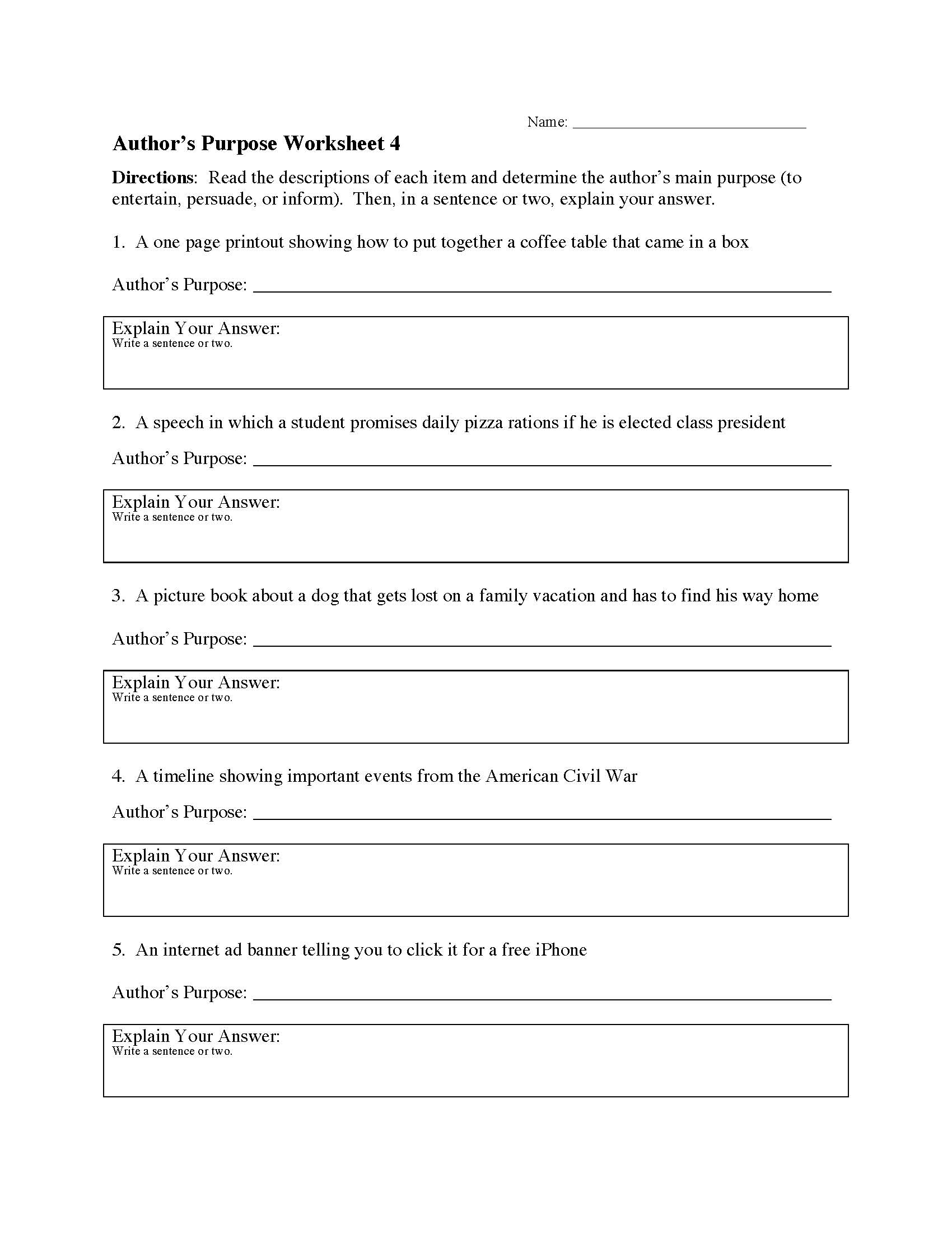 Author&amp;#039;S Purpose Worksheet 4 | Reading Activity with regard to The President&amp;amp;#039;s Daily Schedule Worksheet Answers