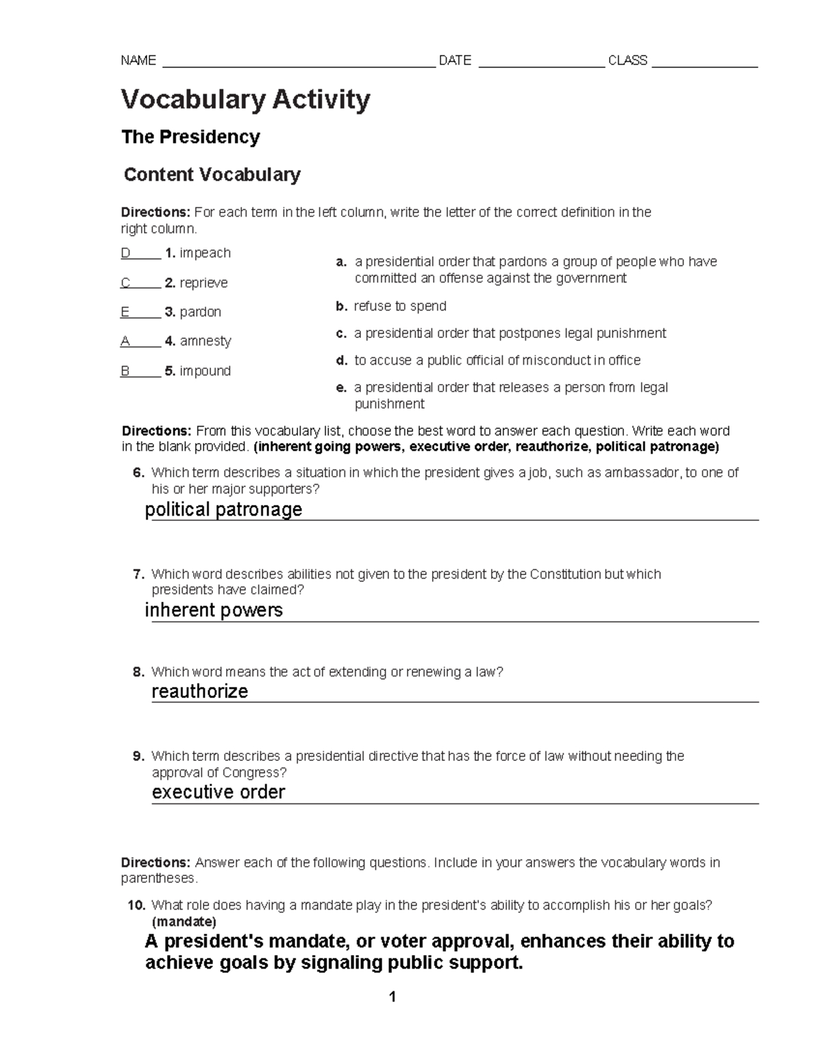 Chapter 9 Vocabulary Builder - The Presidency Activities - Studocu for Presidency Fill In Worksheet Answers