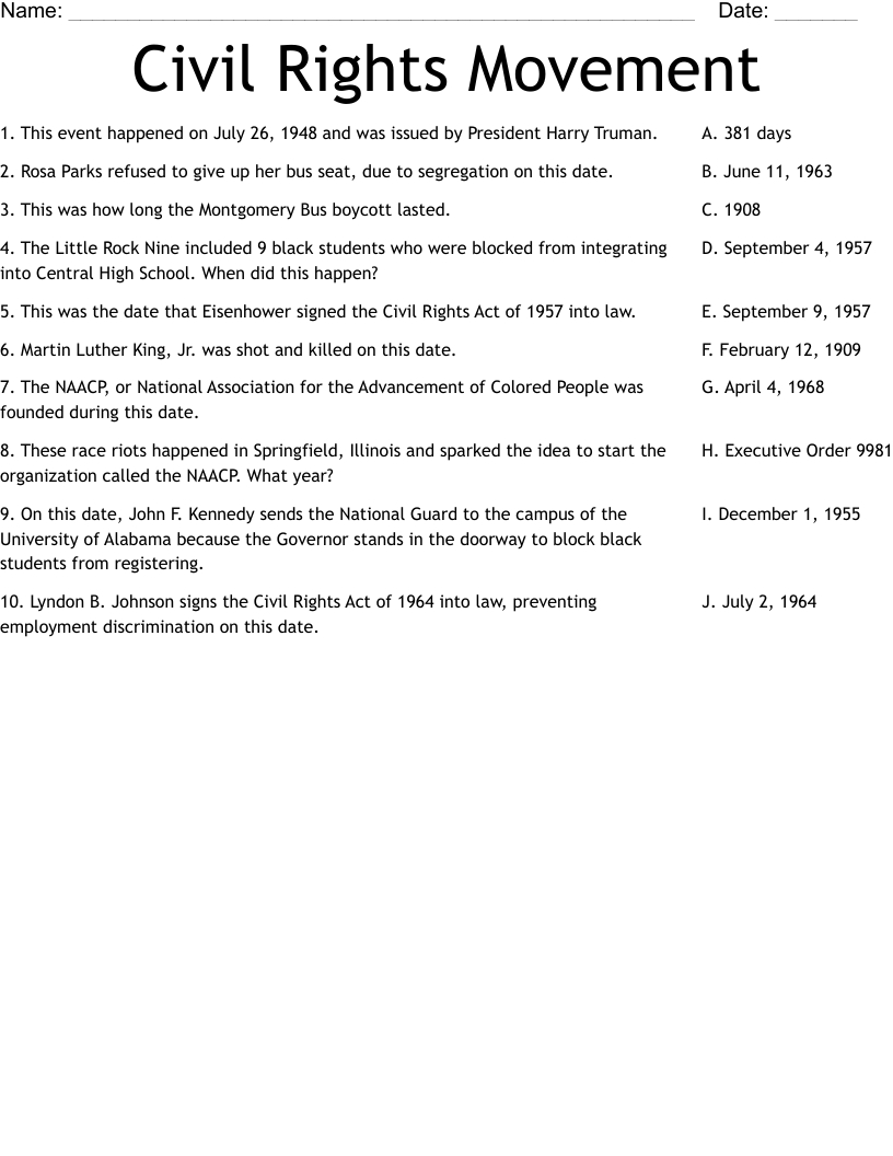 Civil Rights Movement Worksheet - Wordmint with President Kennedy&amp;#039;S Speech On Civil Rights Worksheet