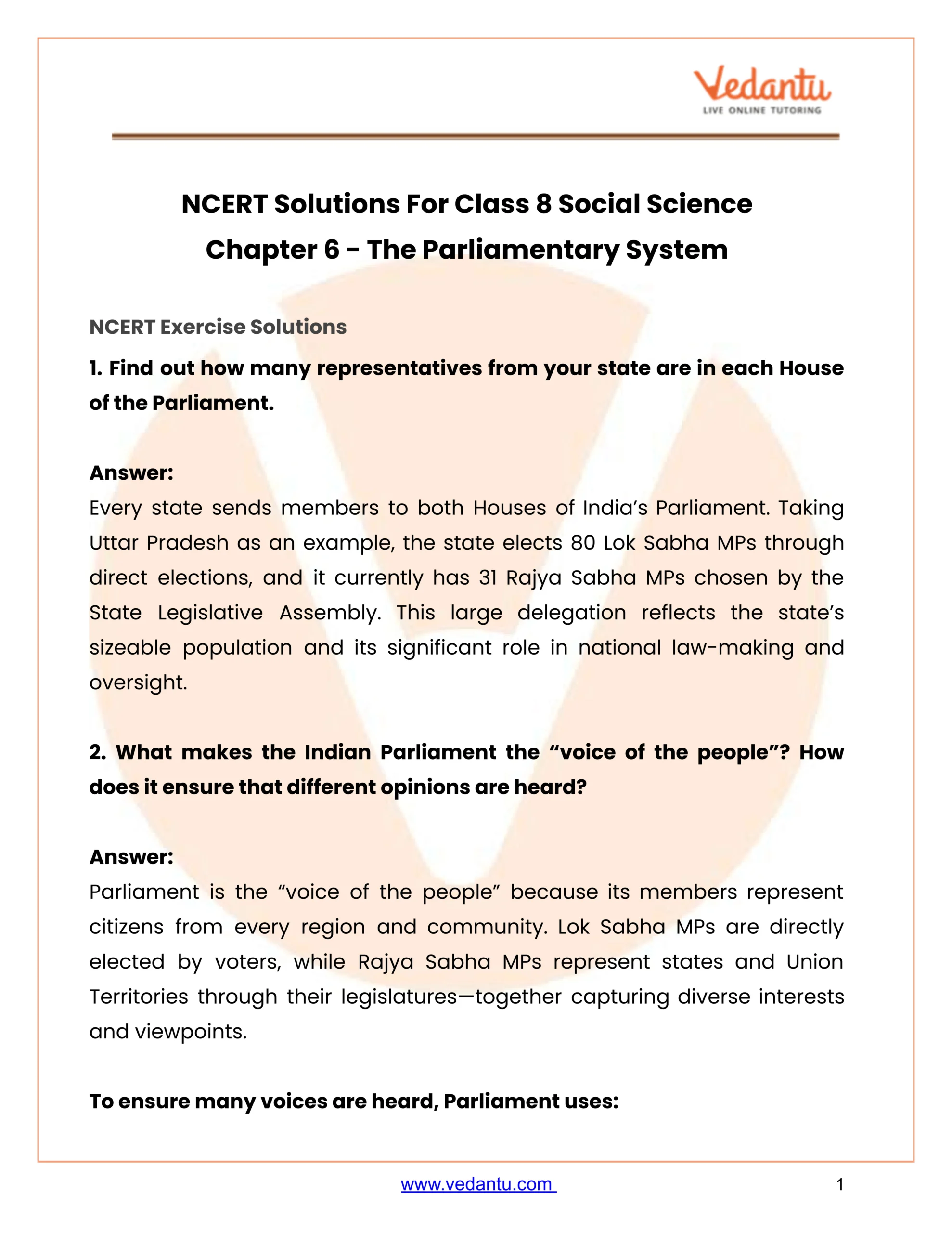 Class 8 Social Science Chapter 6 The Parliamentary System with regard to Chapter 6 the Presidency Worksheet Answers