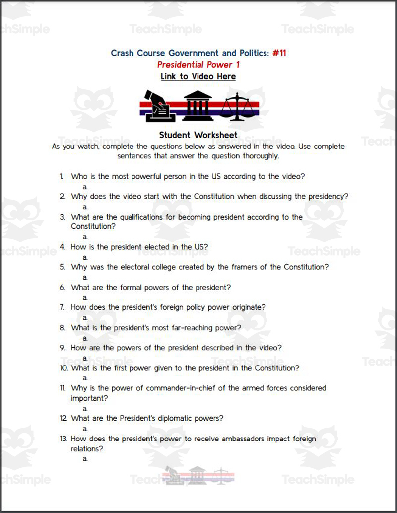 Crash Course: Government And Politics #11: Presidential Power Worksheet throughout The Powers of the President Worksheet
