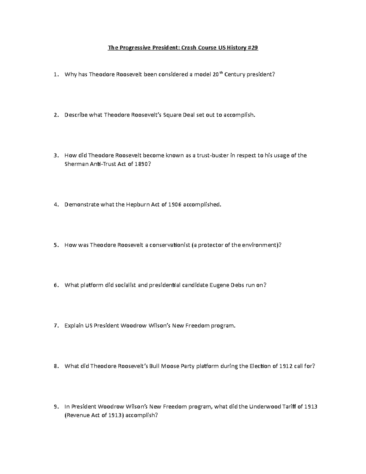 Crash Course Us History 29: The Progressive President And Key within Progressive Presidents Crash Course Us History #29 Worksheet Answers