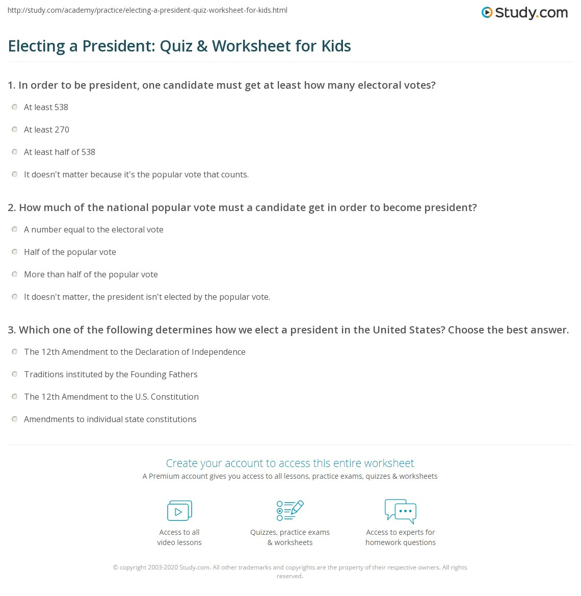 Electing A President: Quiz &amp;amp; Worksheet For Kids | Study with Electing The President Worksheet