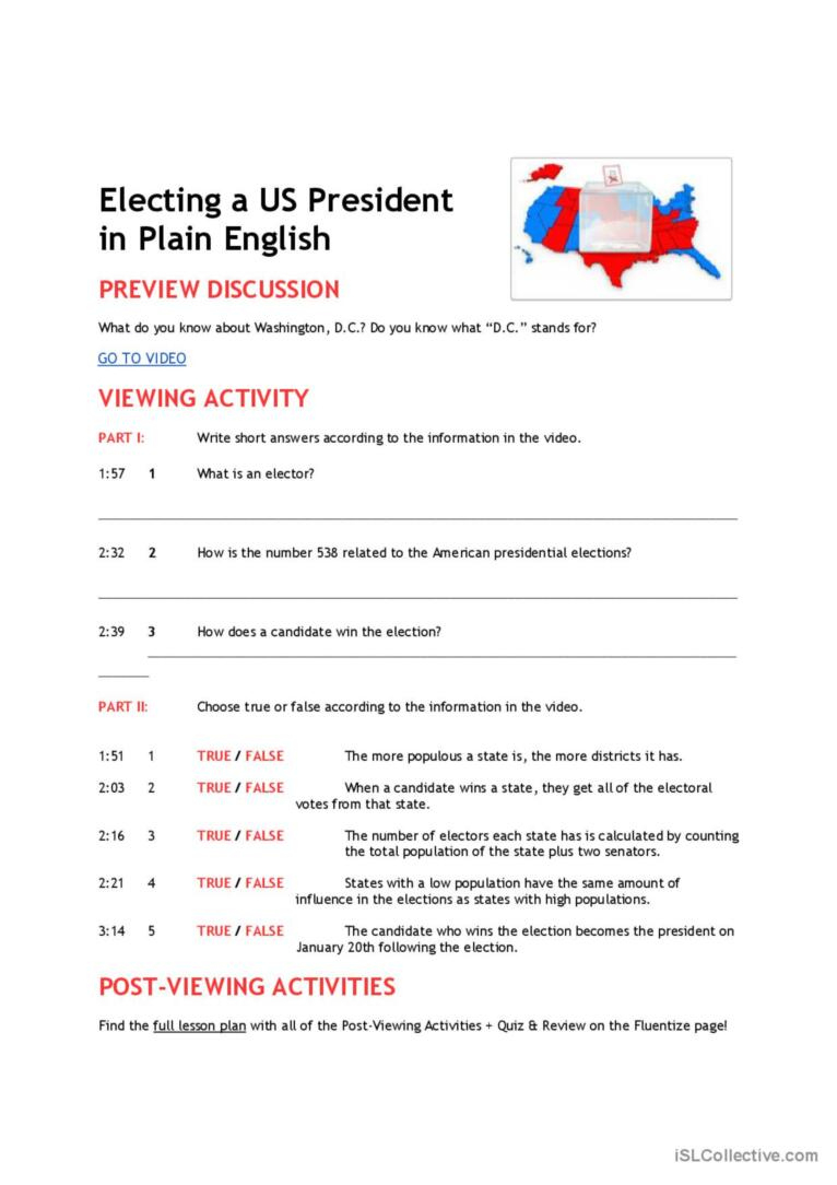 Electing A Us President In Plai…: English Esl Worksheets Pdf &amp;amp; Doc with Electing A President Worksheet