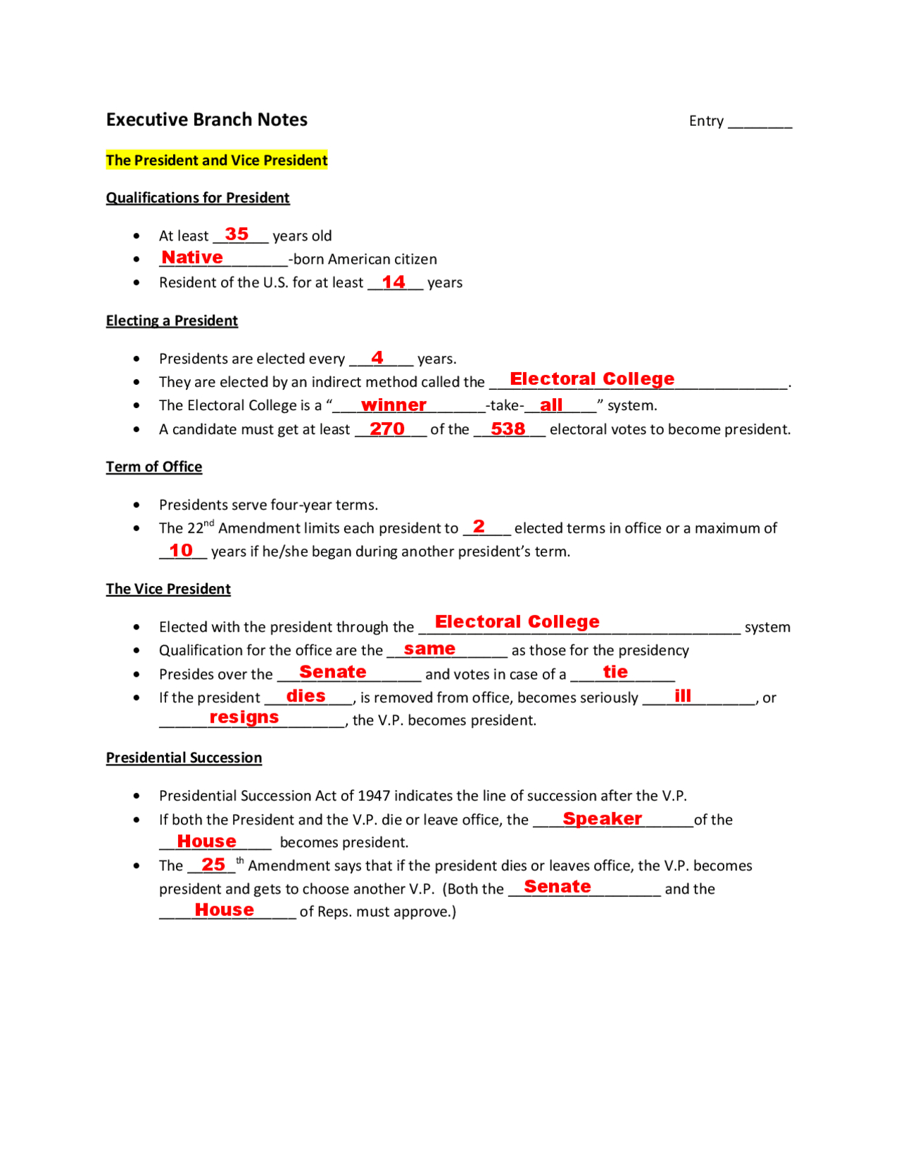 Executive Branch Notes And Worksheet Answers | Exercises Local inside Electing The President Worksheet Answers