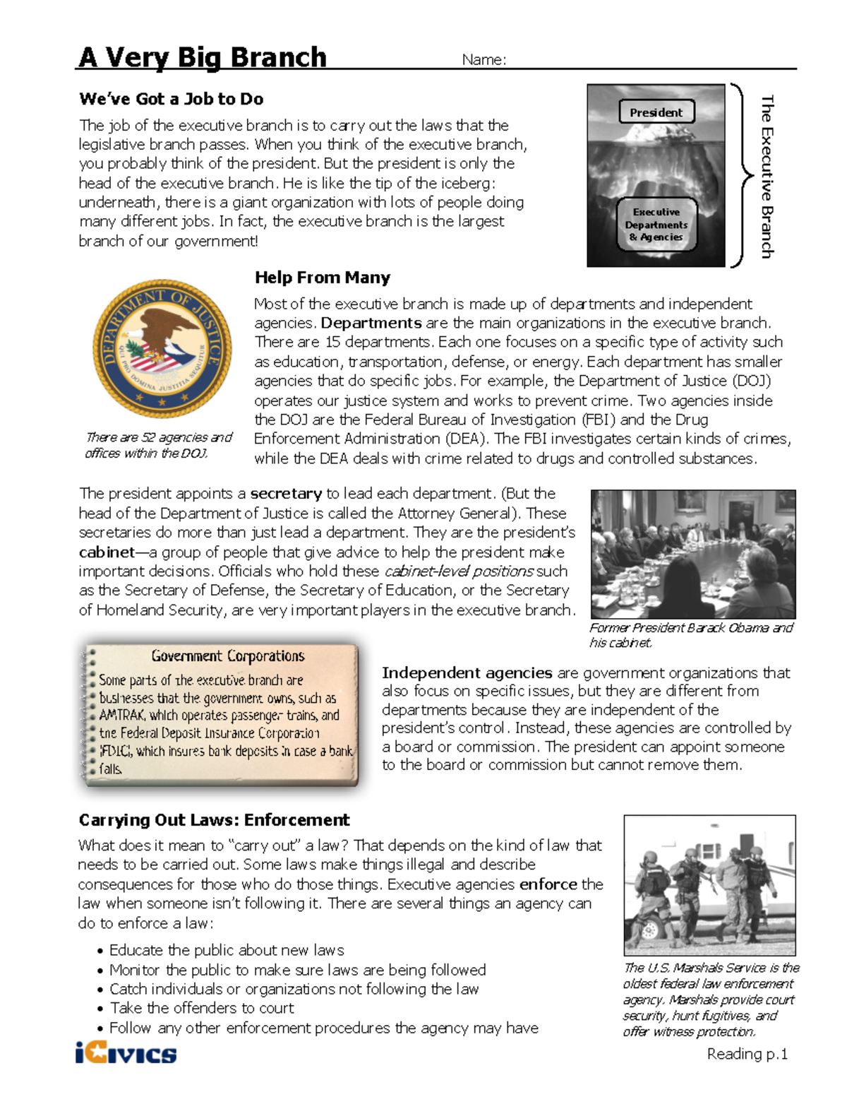 Executive Branch Overview: The Role Of Departments &amp;amp; Agencies with regard to The President&amp;#039;S Cabinet Executive Branch Departments Worksheet Answers