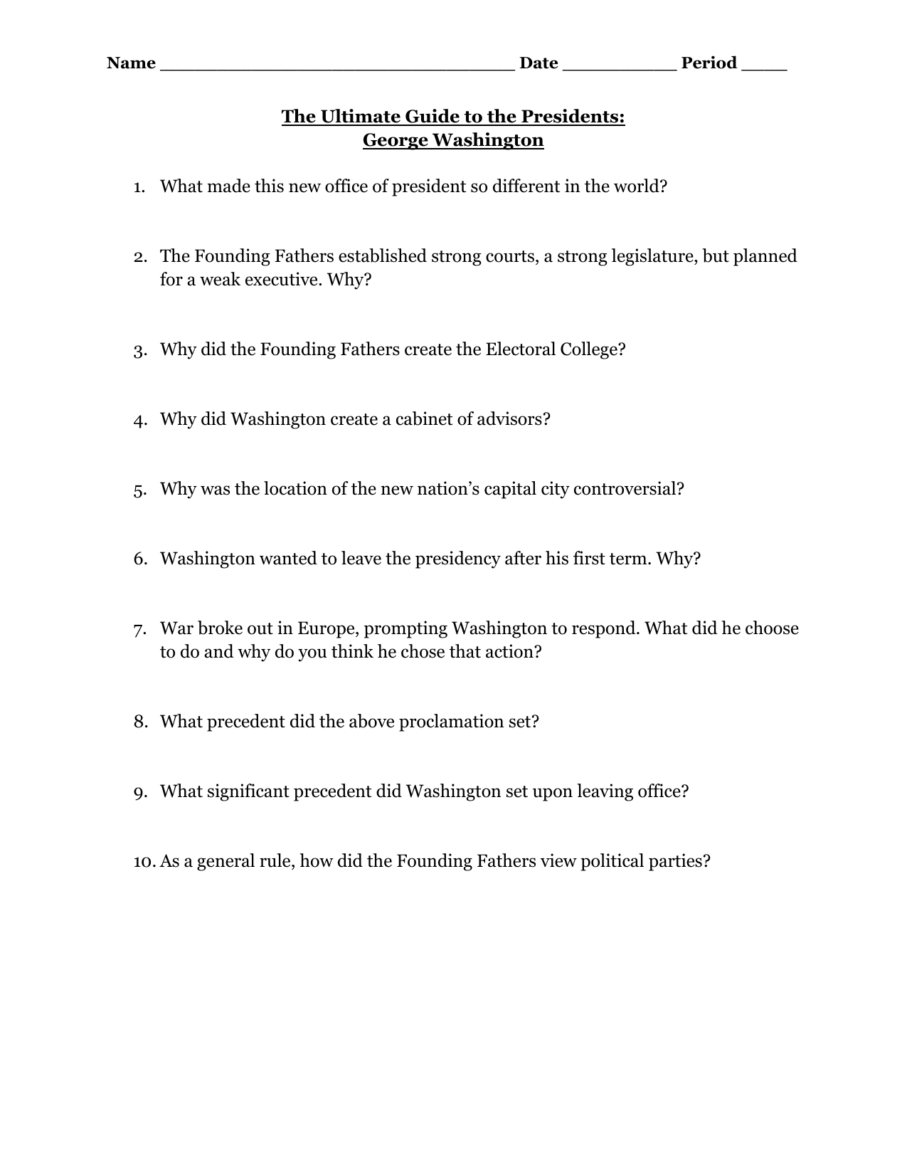 George Washington Worksheet: Us Presidency Questions with The Ultimate Guide To the Presidents Worksheet