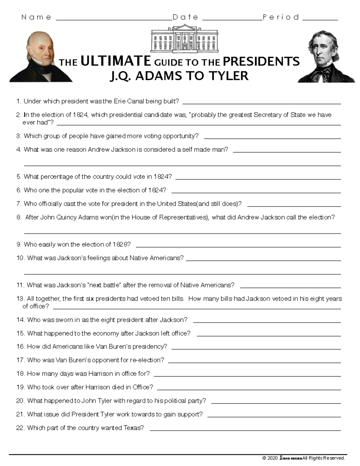 Jackson Age Presidents Video Guide (J.q. Adams To Tyler) Study regarding Ultimate Guide To the Presidents Worksheet
