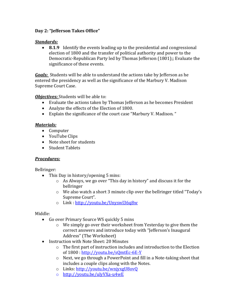 Jefferson&amp;#039;S Presidency &amp;amp; Marbury V. Madison Lesson Plan in Presidency Fill-In Worksheet Answers