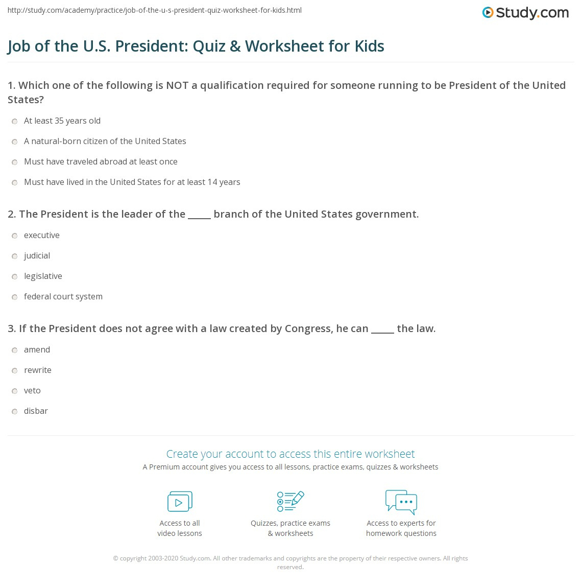 Job Of The U.s. President: Quiz &amp;amp; Worksheet For Kids | Study with The President&amp;amp;#039;s Job Description Worksheet