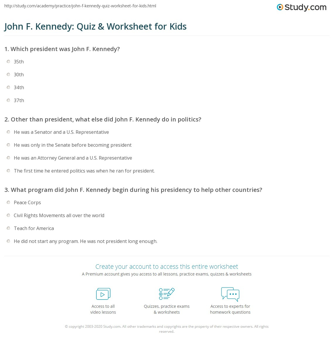 John F. Kennedy: Quiz &amp;amp; Worksheet For Kids | Study intended for The Presidency of John F Kennedy Worksheet Answers