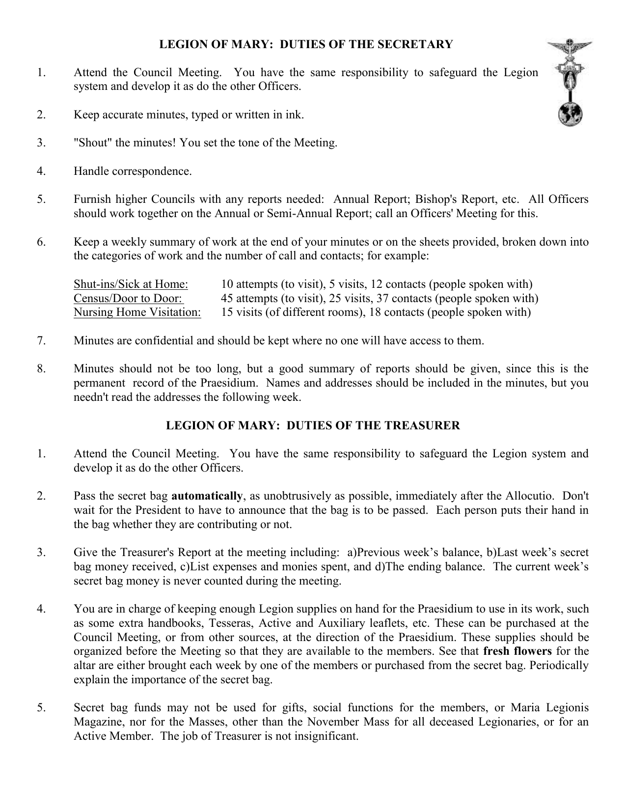 Legion Of Mary: Secretary &amp;amp; Treasurer Duties with regard to Legion Of Mary President Worksheet