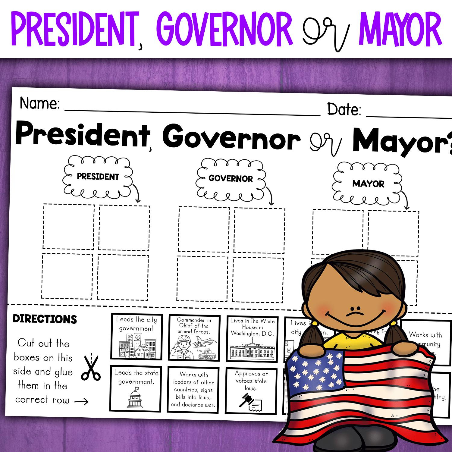 Levels Of Government Sorting Activity | President Governor Mayor within Mayor Governor President Worksheet