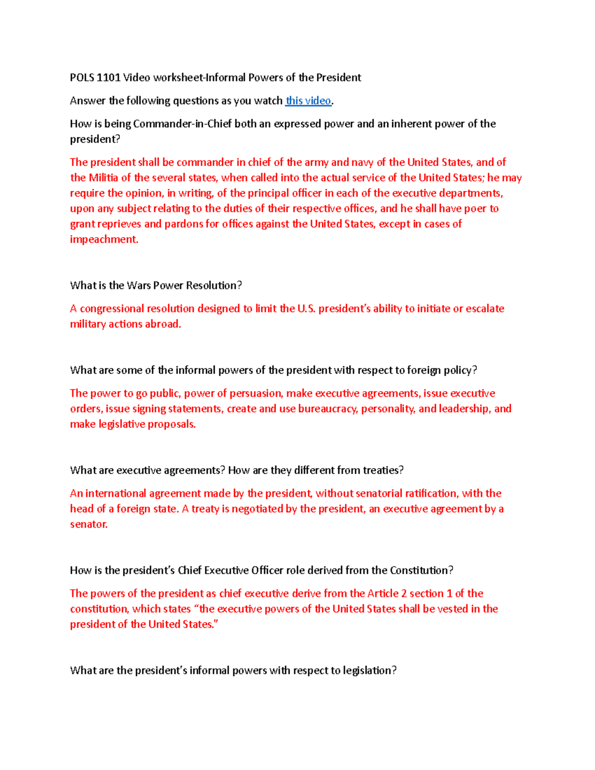 Pols 1101 Video Worksheet: Informal Powers Of The Presidency - Studocu in Executive Orders And the Power of the President Worksheet Answers