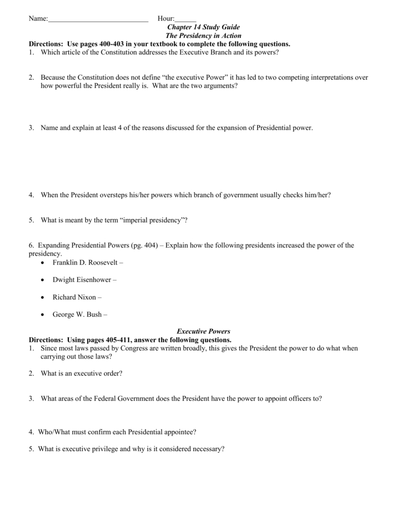 Presidency In Action: Chapter 14 Study Guide intended for The Presidency In Action Worksheet Answers