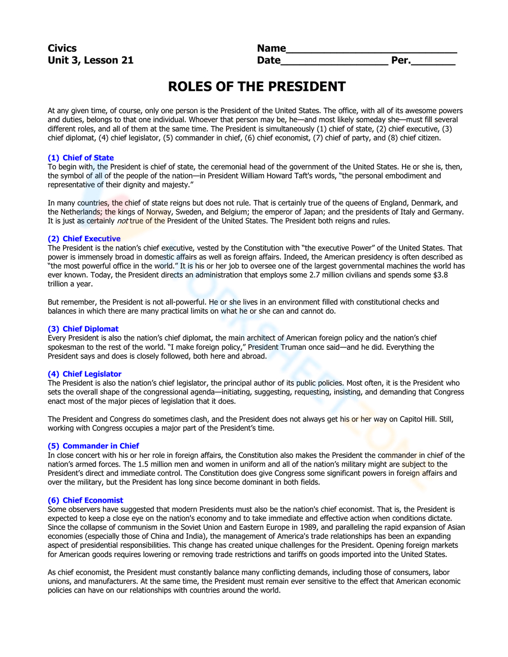 President Cigarette Roles In Politics Presidential Roles with Roles of the President Worksheet Answer Key