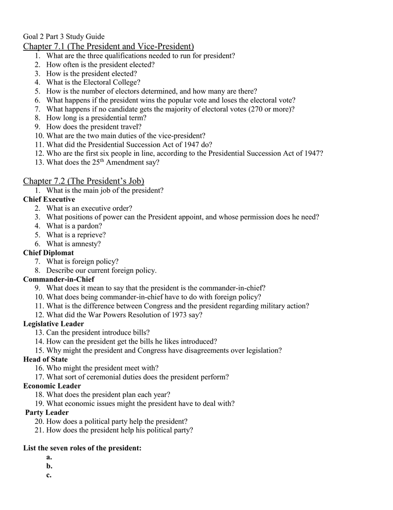 President &amp;amp; Vice-President Study Guide: Roles &amp;amp; Powers for The Seven Roles Of The President Worksheet Answers