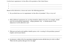 Presidential Requirements Worksheet with The President'S Job Description Worksheet Answers