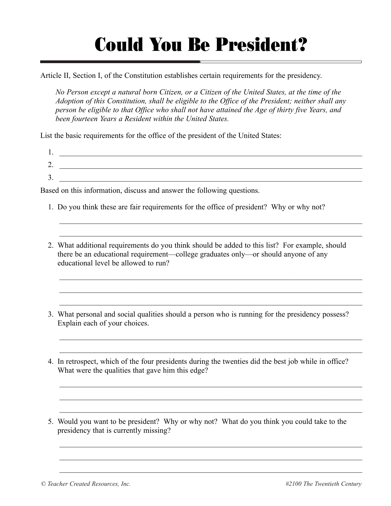 Presidential Requirements Worksheet with The President&amp;#039;S Job Description Worksheet Answers