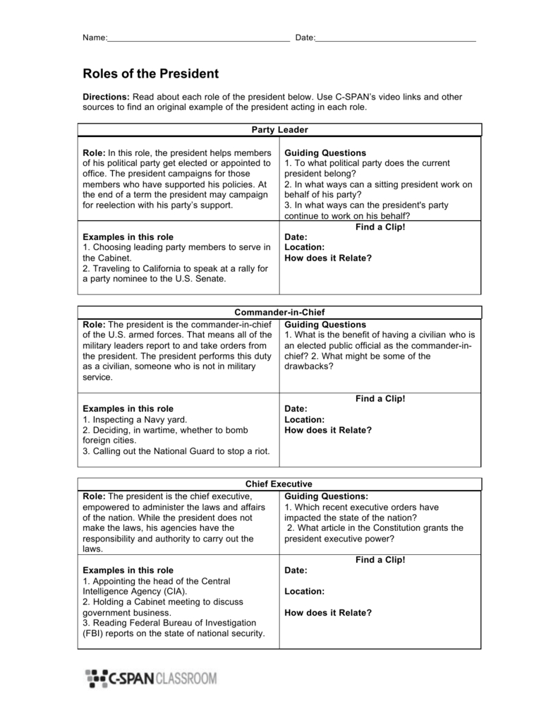 Presidential Roles Worksheet: Civics &amp;amp; Government inside The President&amp;#039;S Cabinet Worksheet Answer Key