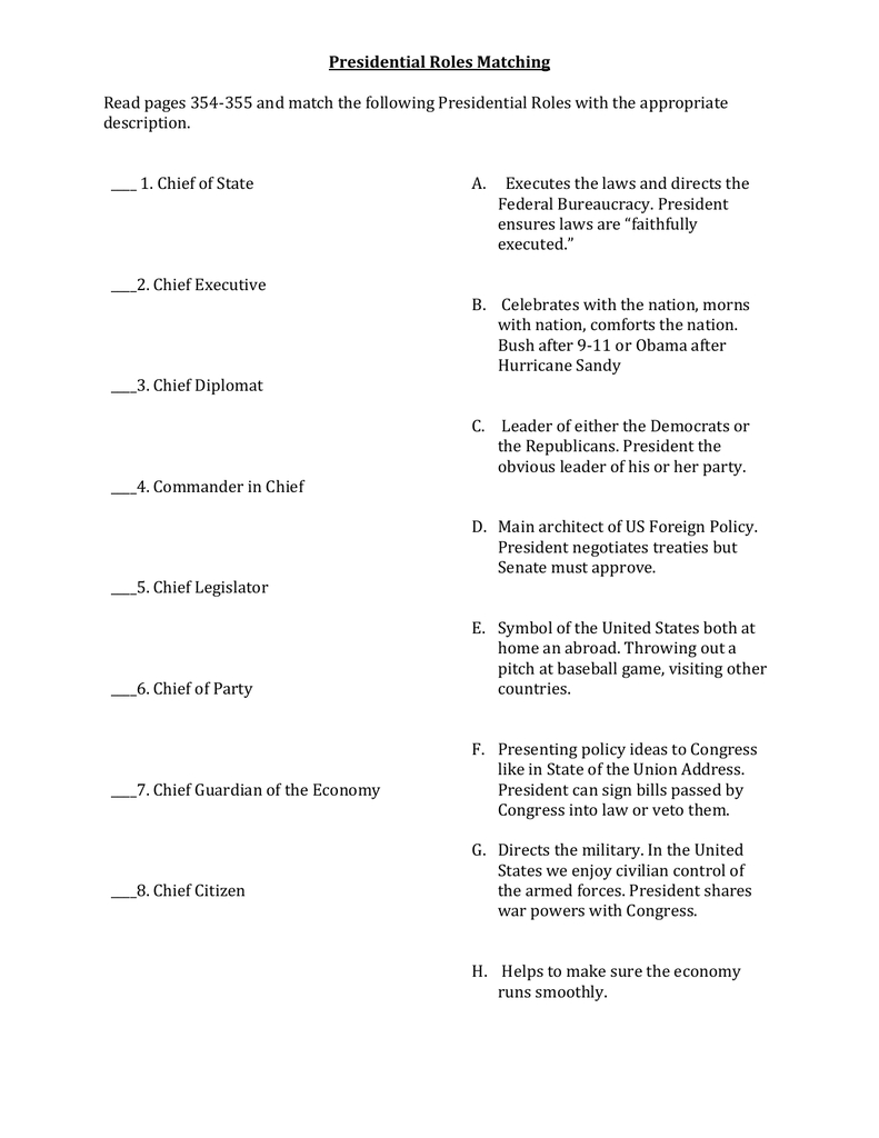 Presidential Roles Worksheet: Matching Activity throughout 7 Roles Of The President Worksheet