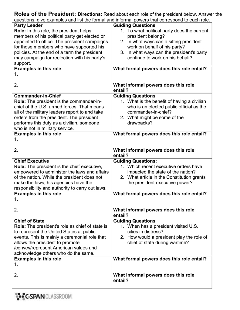 Presidential Roles Worksheet: Powers &amp;amp; Responsibilities for Duties of the President Worksheet