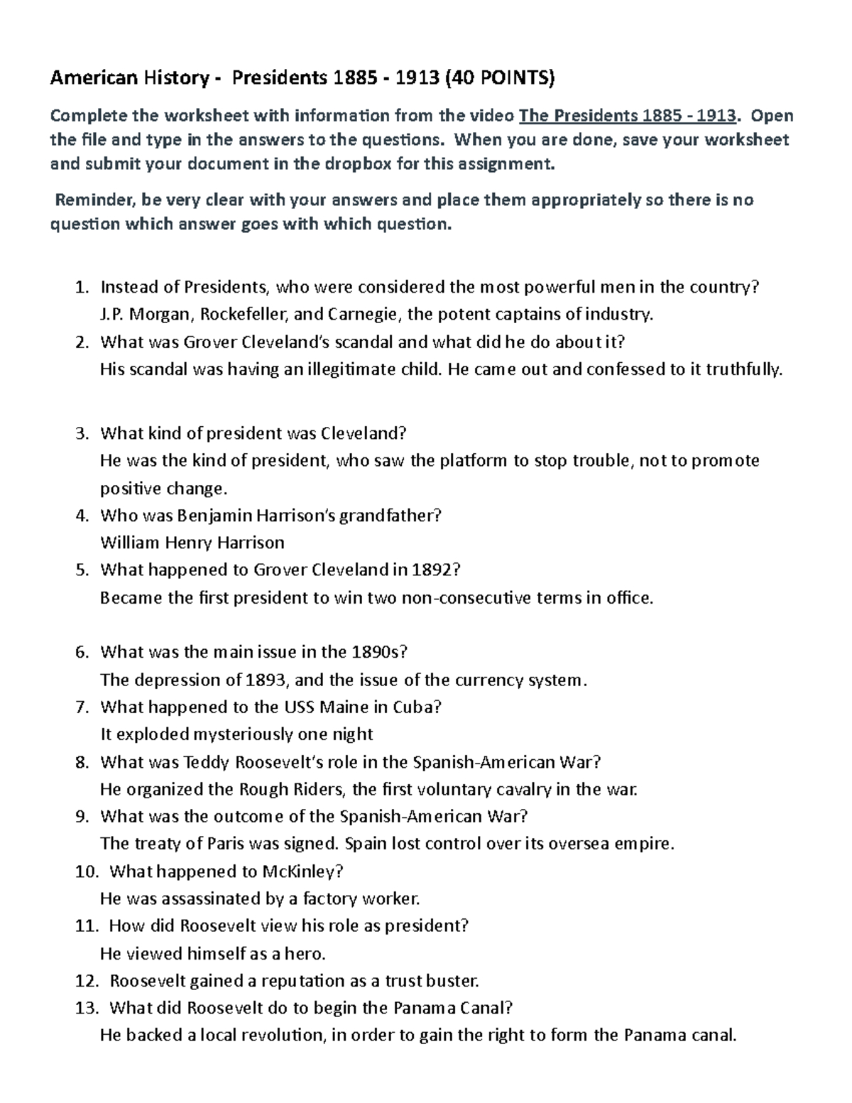 Presidential Video Worksheet 1885-1913 Overview Sp20 - Studocu with regard to The American President Worksheet Answers