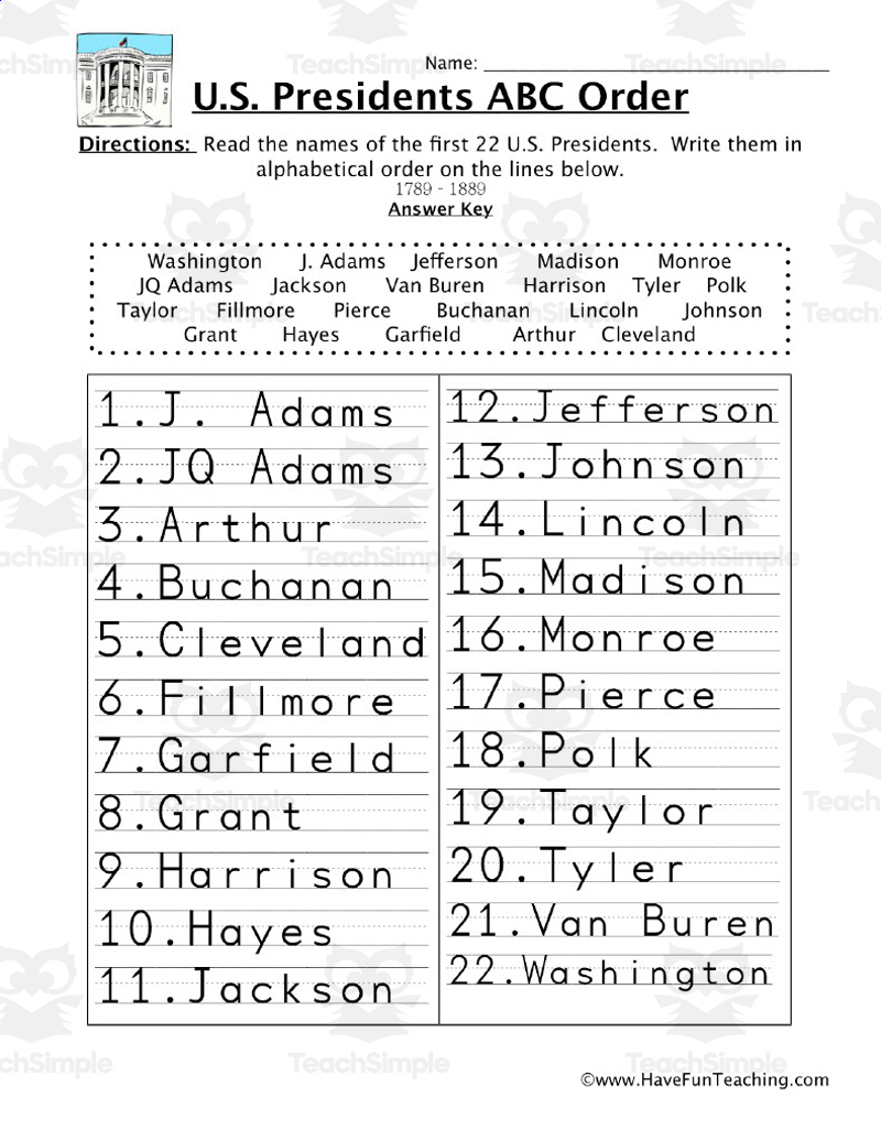 President&amp;#039;S Abc Order Worksheet #1Teach Simple for List of Presidents In Order Worksheet