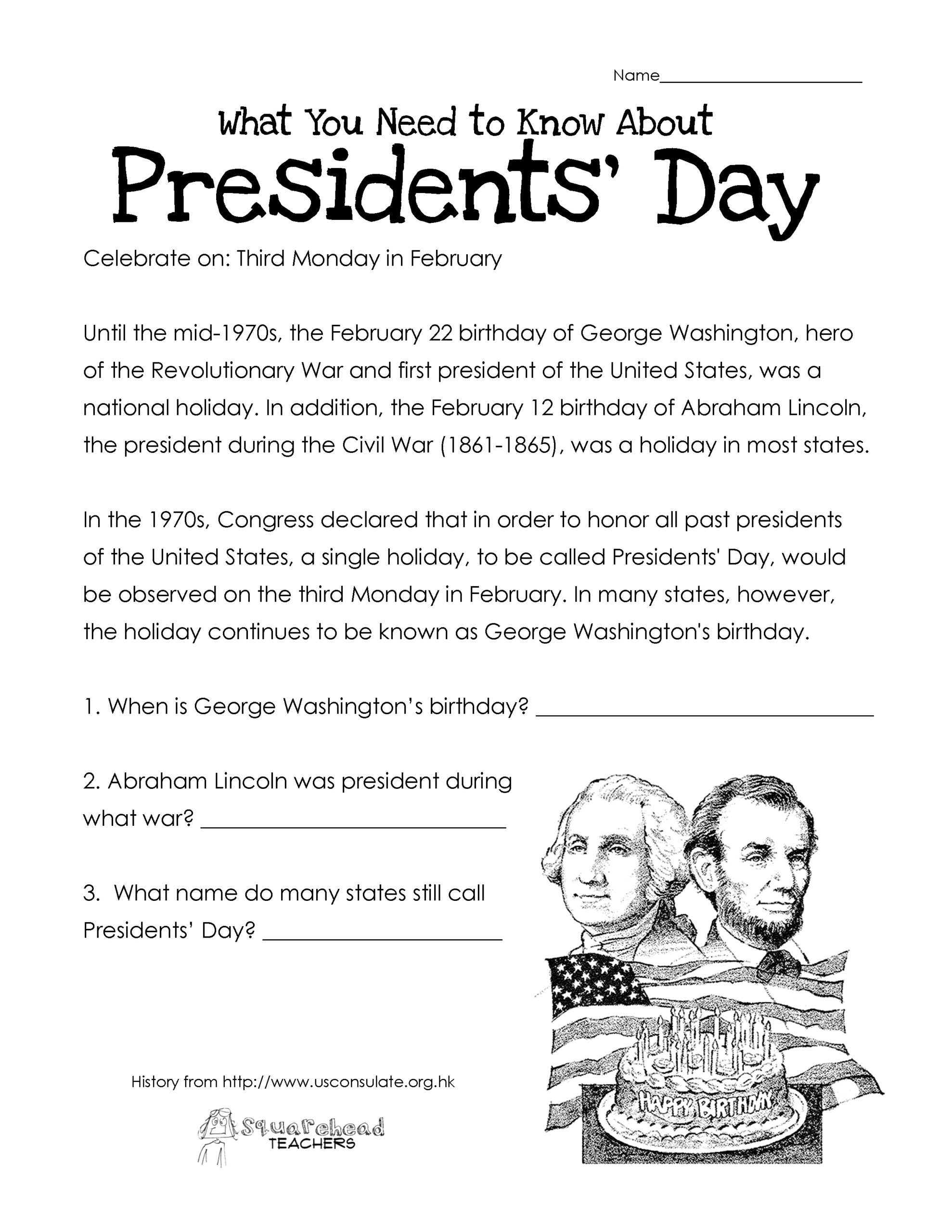 Presidents&amp;#039; Day (Free Worksheet) Updated | Squarehead Teachers with regard to Presidents Day Worksheet