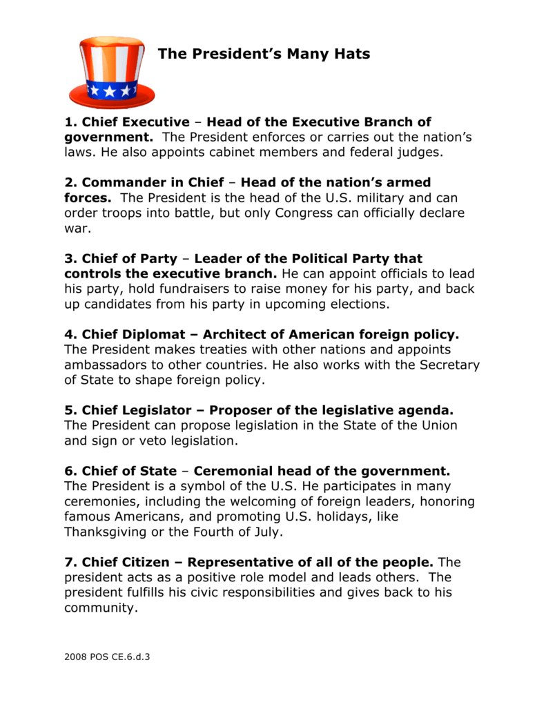 President&amp;#039;S Roles Worksheet: Matching Presidential Actions for Hats of the President Worksheet