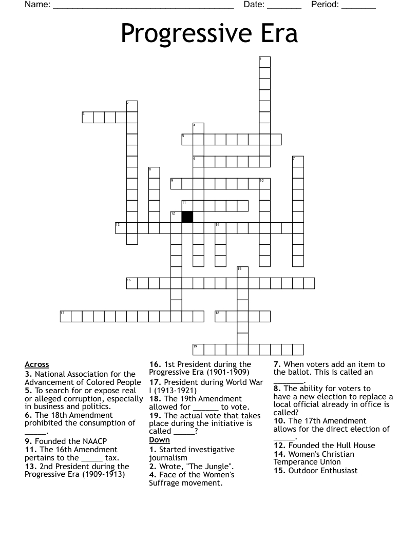 Progressive Era Crossword - Wordmint throughout Progressive Presidents Worksheet Answers