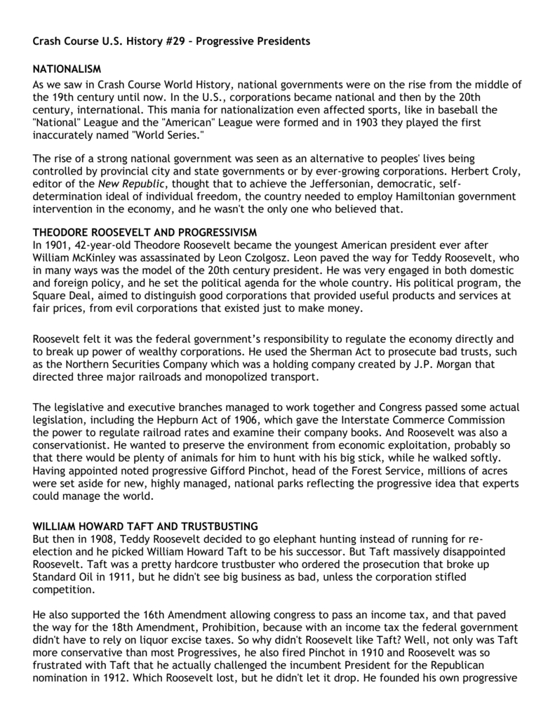 Progressive Presidents: Crash Course U.s. History Transcript within Progressive Presidents Crash Course Us History 29 Worksheet Answers