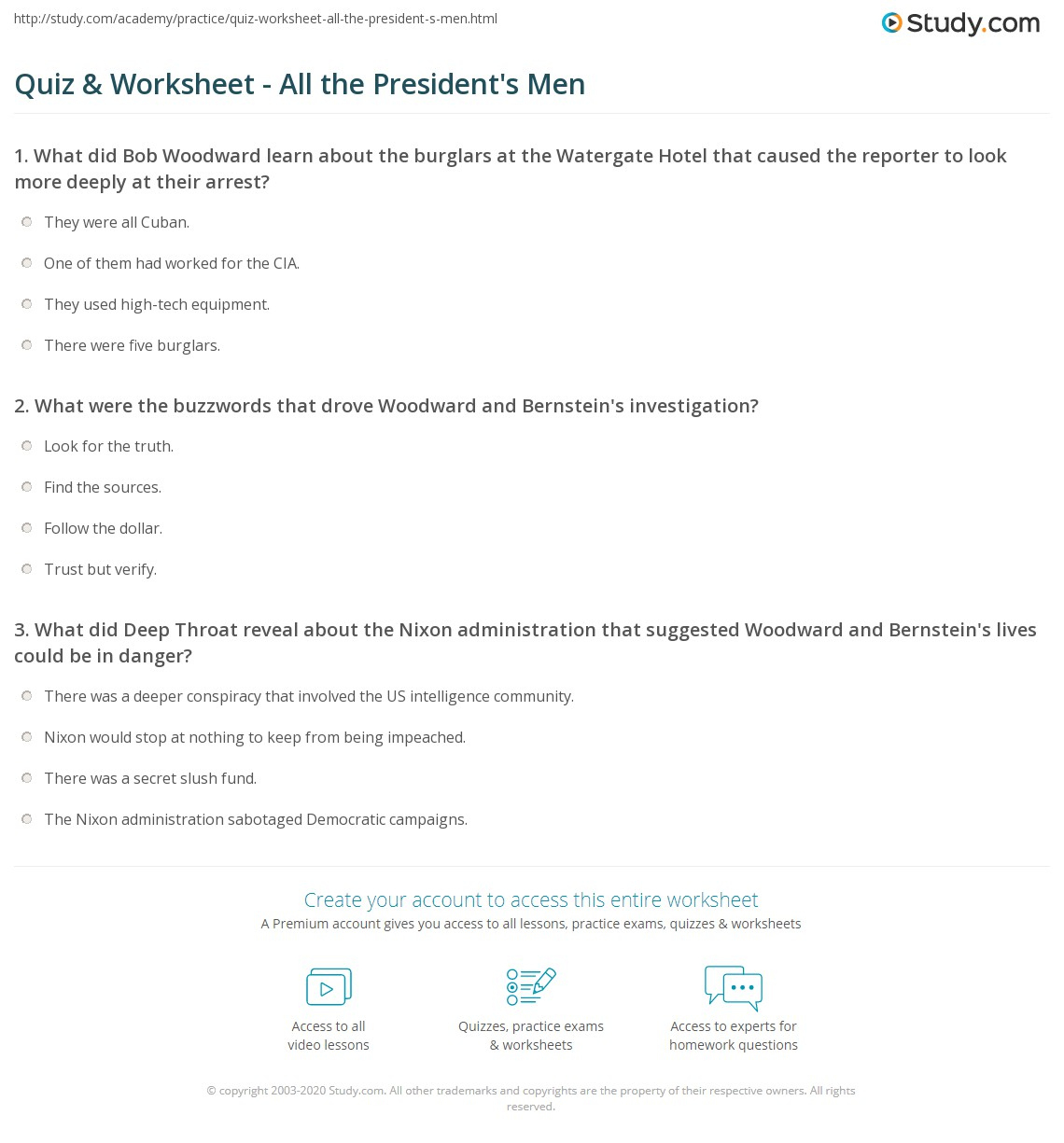 Quiz &amp;amp; Worksheet - All The President&amp;#039;S Men | Study regarding All The President&amp;#039;S Men Worksheet