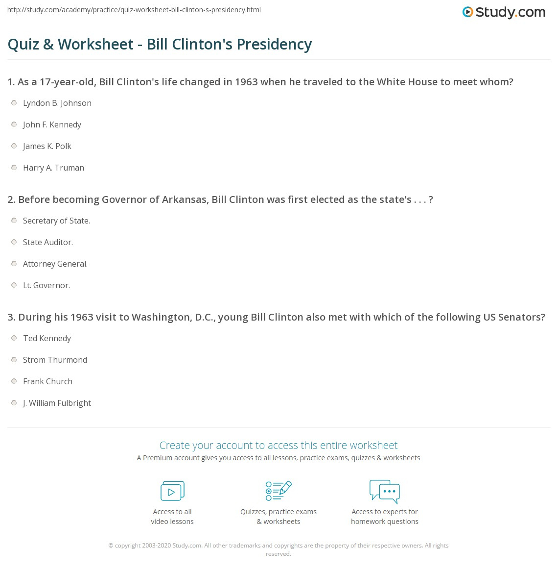 Quiz &amp;amp; Worksheet - Bill Clinton&amp;#039;S Presidency | Study in The Clinton Presidency Worksheet
