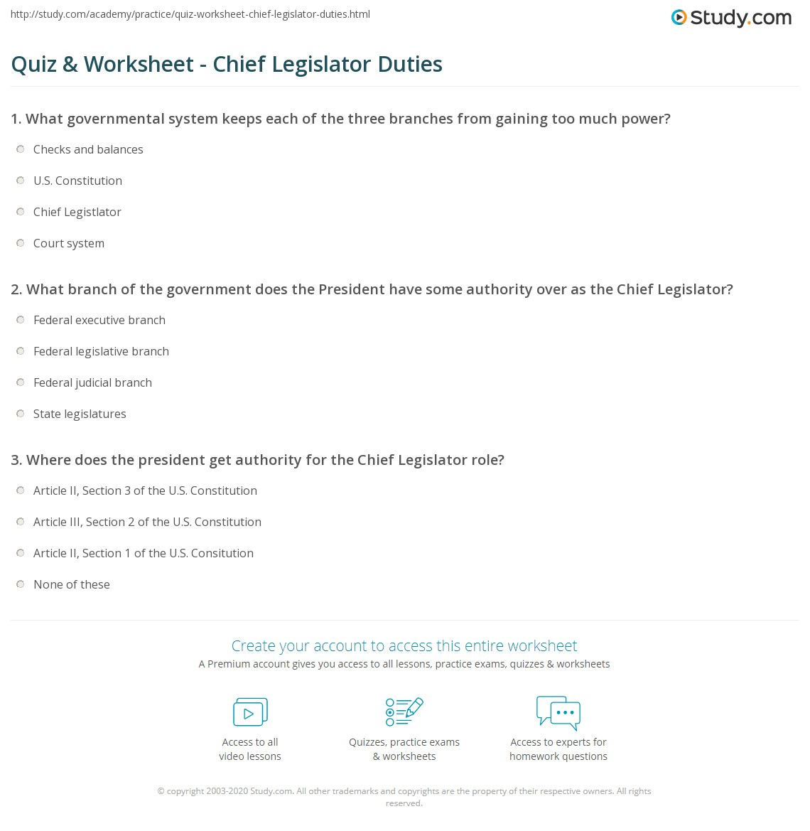 Quiz &amp;amp; Worksheet - Chief Legislator Duties | Study with Powers And Duties Of The President Worksheet