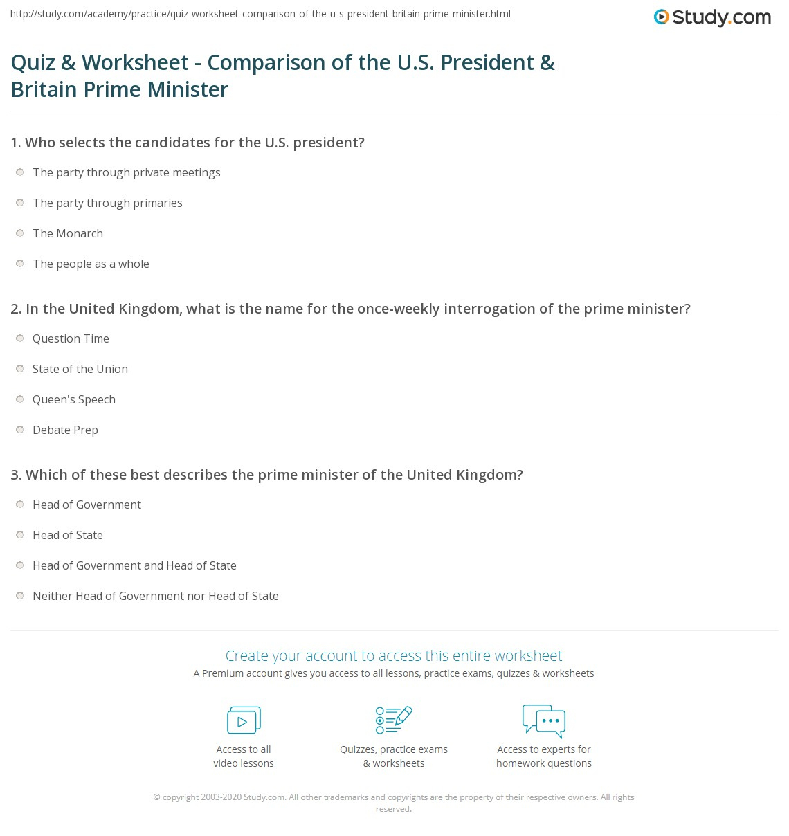 Quiz &amp;amp; Worksheet - Comparison Of The U.s. President &amp;amp; Britain in Popular Vs President Worksheet