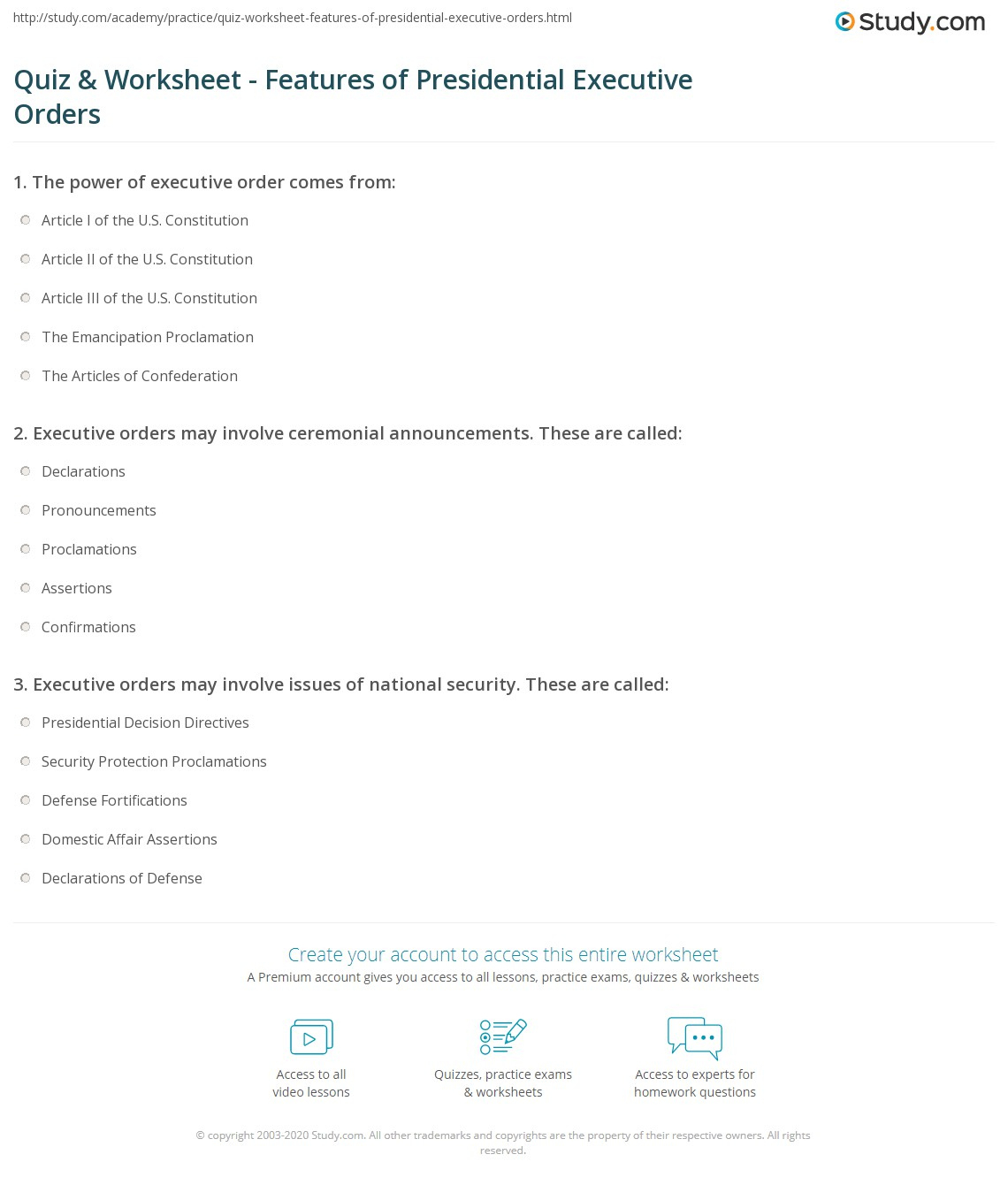 Quiz &amp;amp; Worksheet - Features Of Presidential Executive Orders within Executive Orders And the Power of the President Worksheet Answers