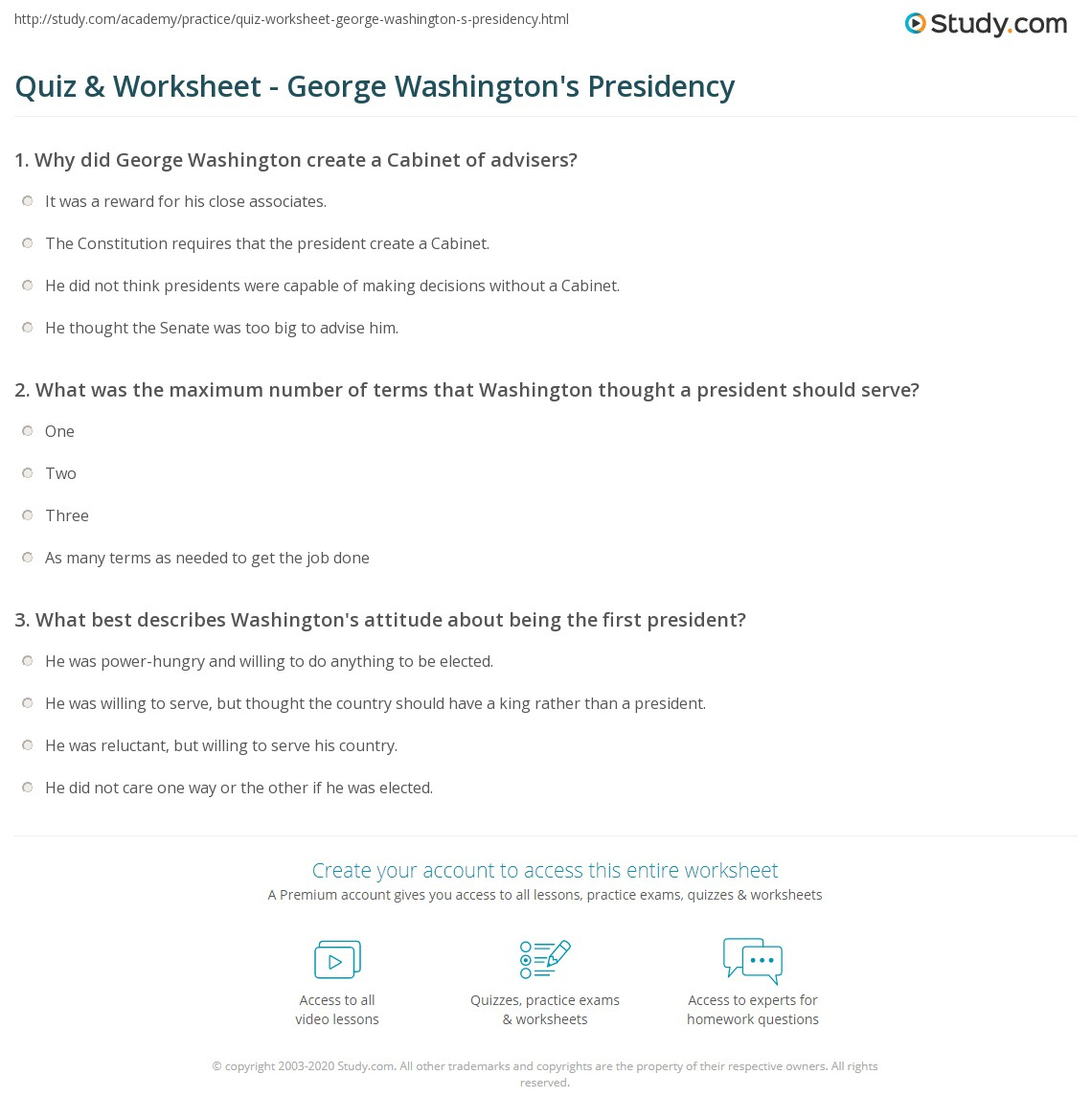 Quiz &amp;amp; Worksheet - George Washington&amp;#039;S Presidency | Study pertaining to George Washington Presidency Worksheet