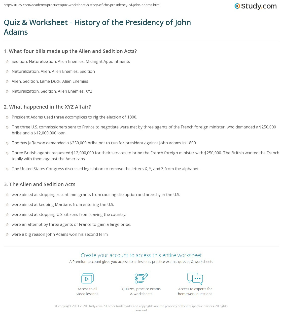 Quiz &amp;amp; Worksheet - History Of The Presidency Of John Adams | Study pertaining to The Presidency Of John Adams Worksheet