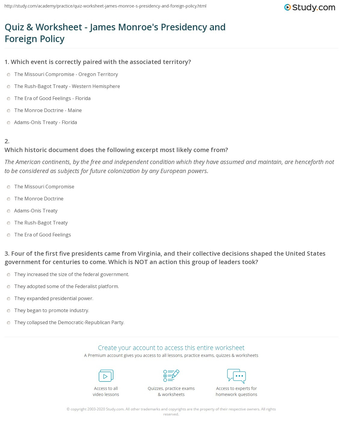 Quiz &amp;amp; Worksheet - James Monroe&amp;#039;S Presidency And Foreign Policy with First Five Presidents Worksheet