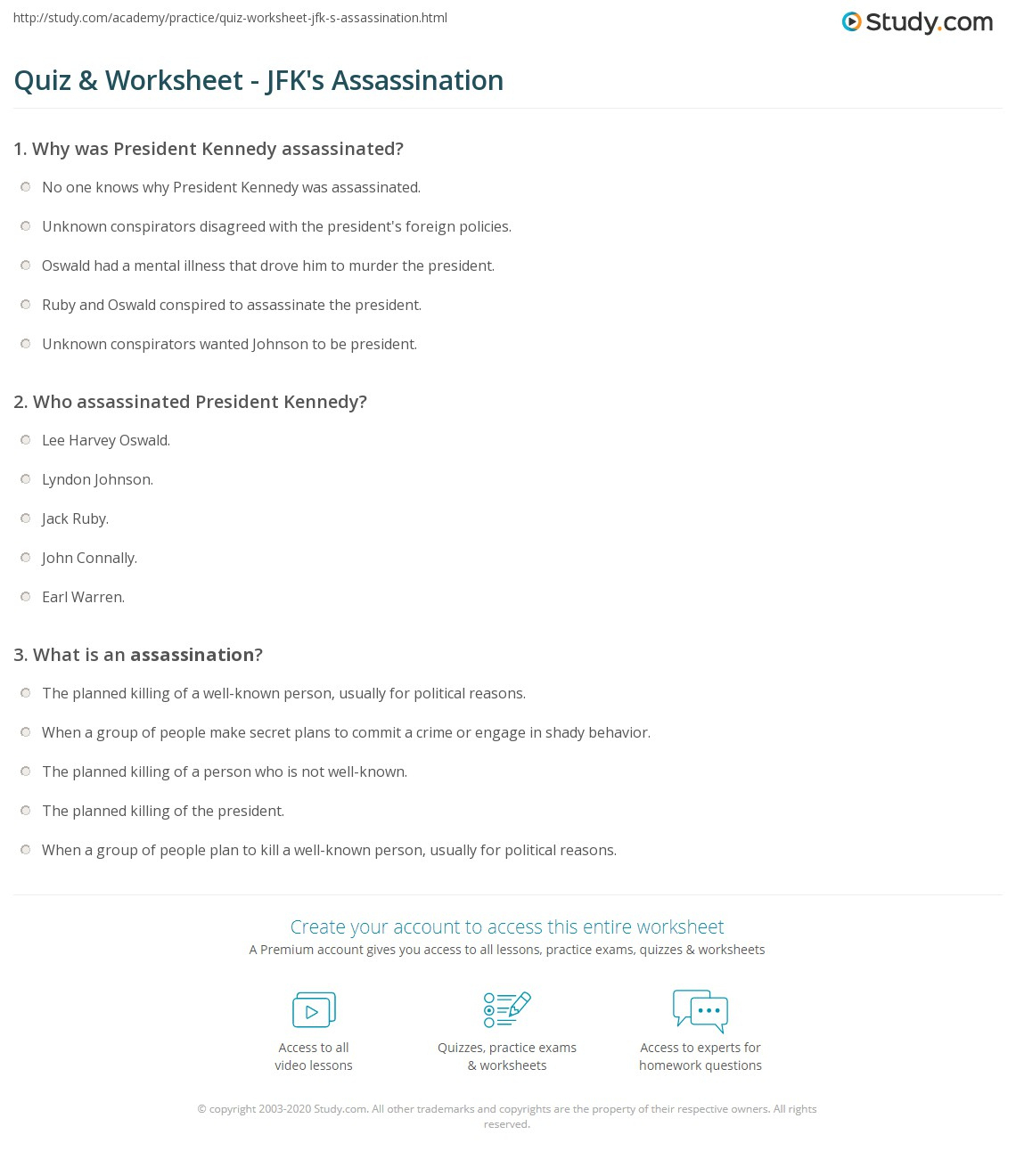 Quiz &amp;amp; Worksheet - Jfk&amp;#039;S Assassination | Study with regard to The Presidency Of John F Kennedy Worksheet Answers