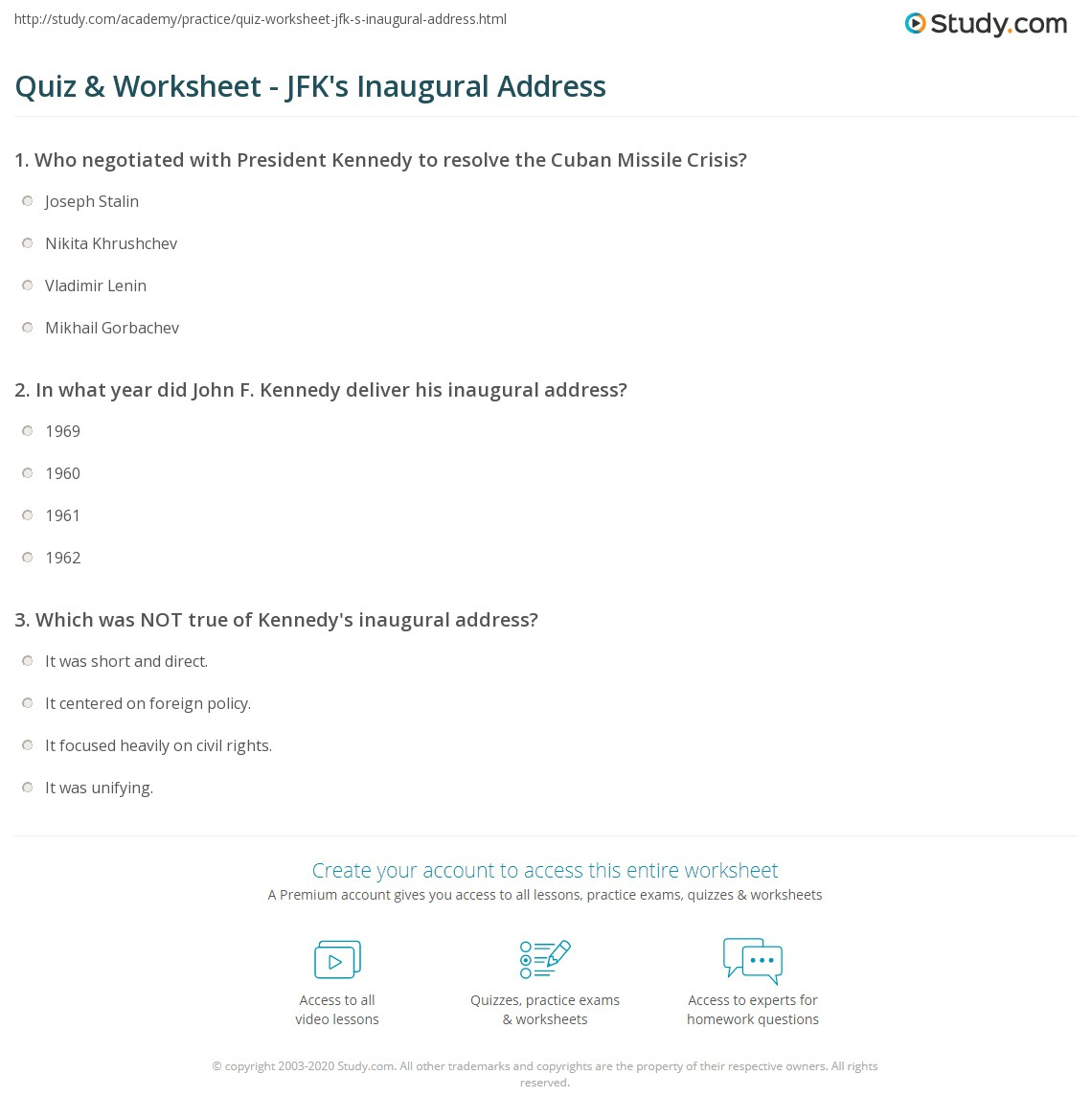 Quiz &amp;amp; Worksheet - Jfk&amp;#039;S Inaugural Address | Study in President Kennedy&amp;#039;S Speech On Civil Rights Worksheet Answers