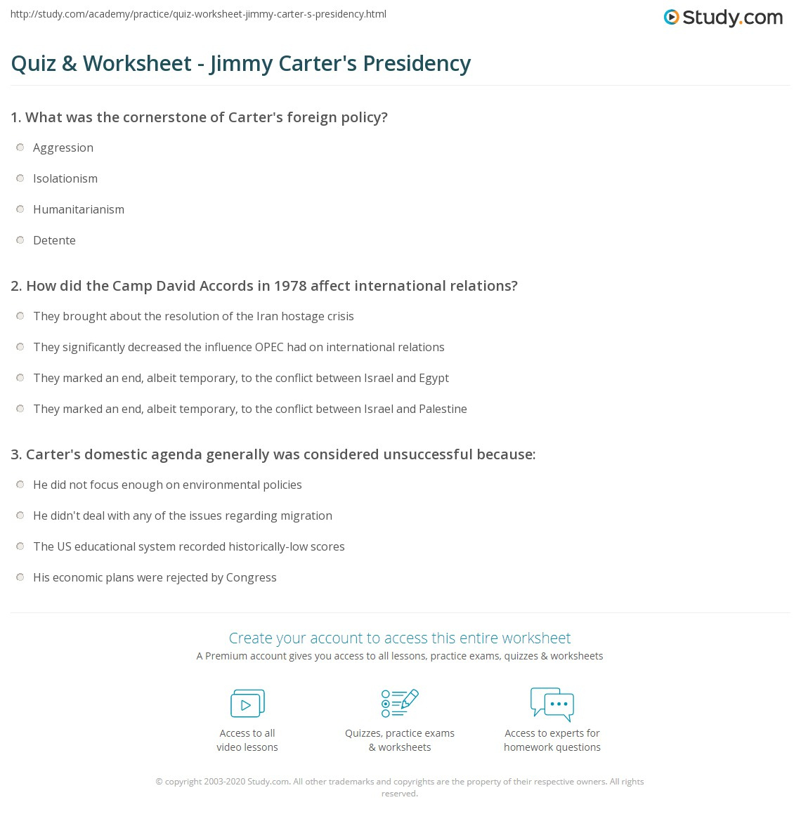 Quiz &amp;amp; Worksheet - Jimmy Carter&amp;#039;S Presidency | Study intended for Jimmy Carter&amp;#039;S Presidency Worksheet