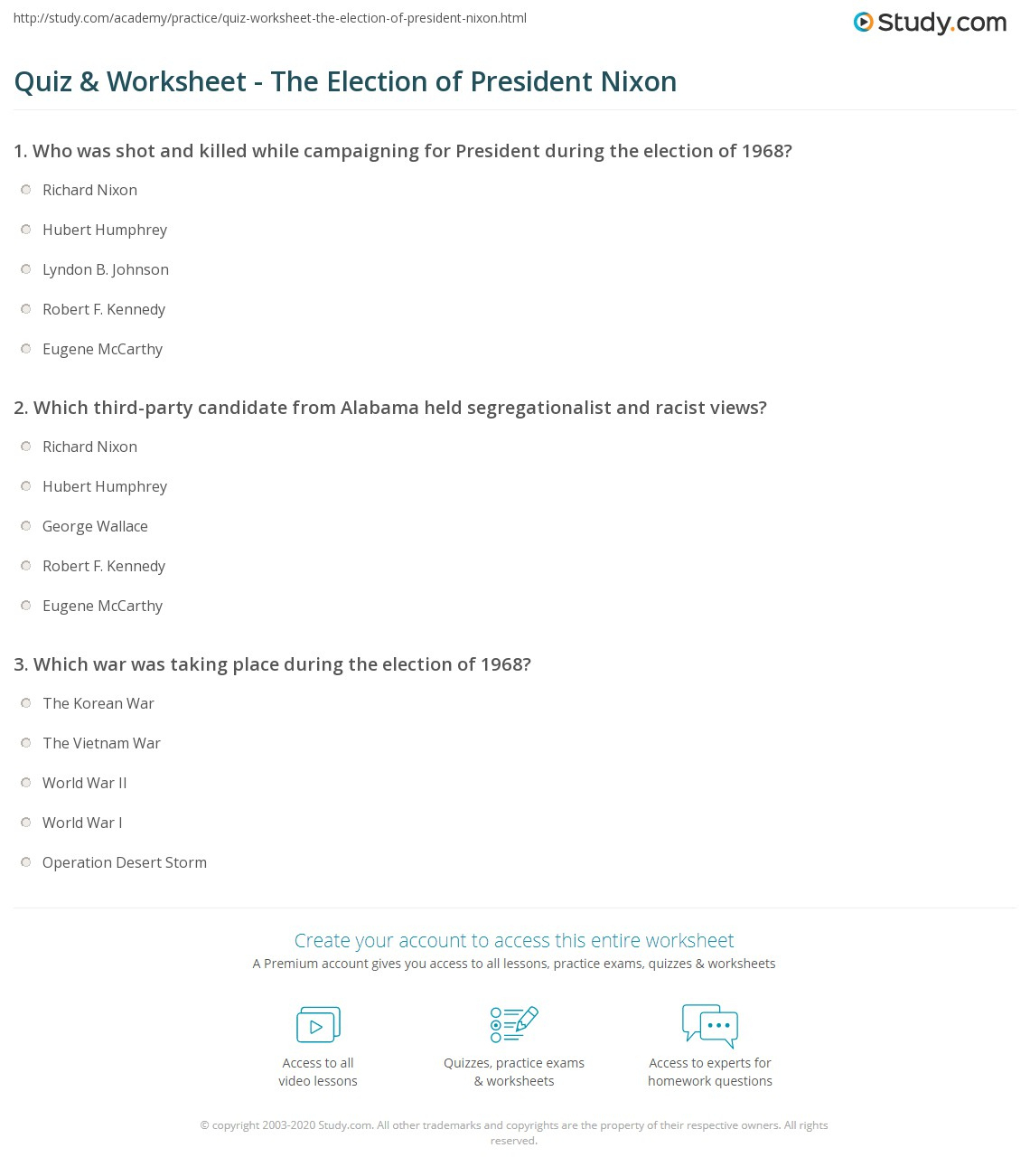 Quiz &amp;amp; Worksheet - The Election Of President Nixon | Study within The Nixon Presidency Worksheet