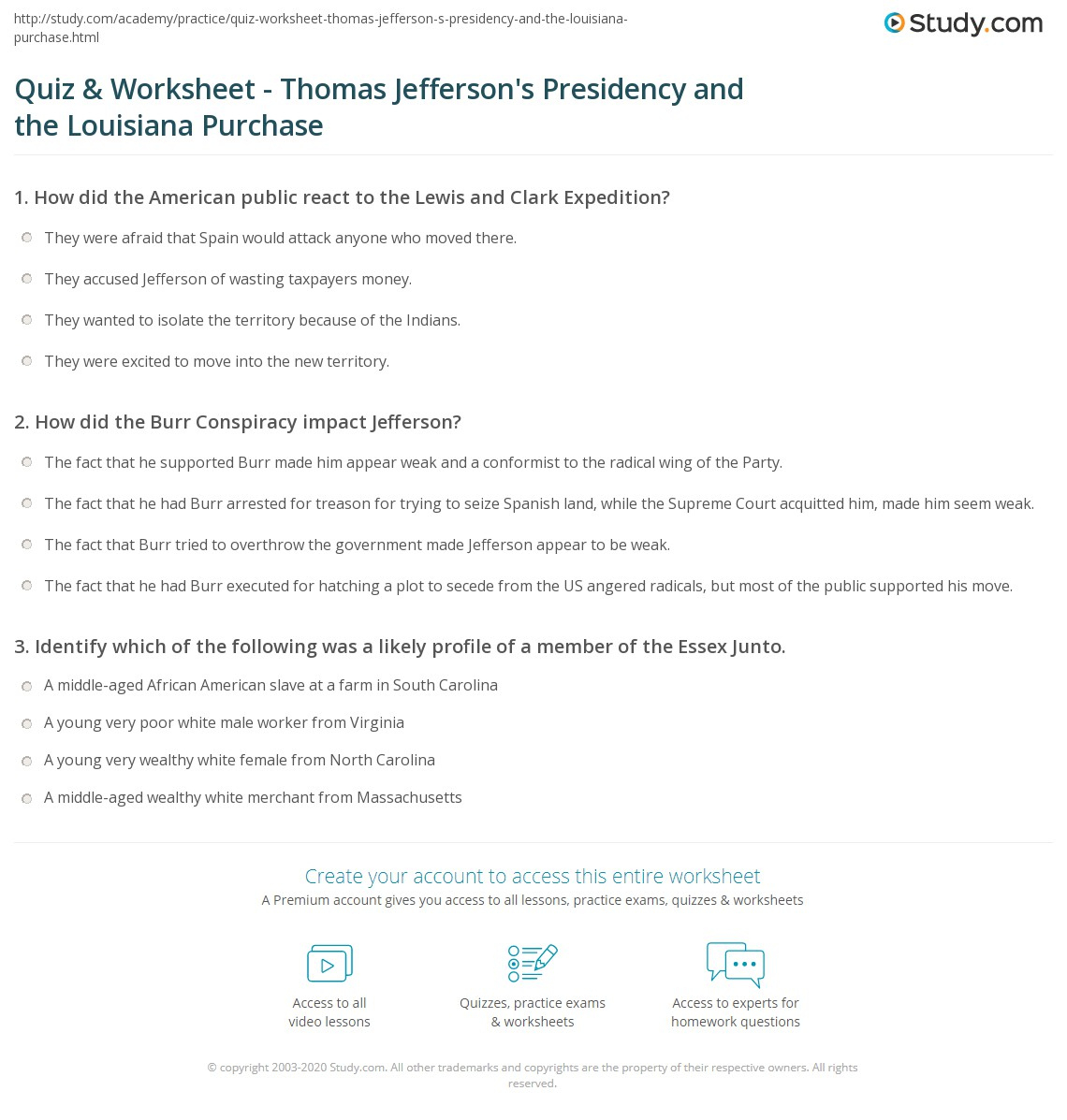 Quiz &amp;amp; Worksheet - Thomas Jefferson&amp;#039;S Presidency And The Louisiana for Thomas Jefferson Presidency Worksheet