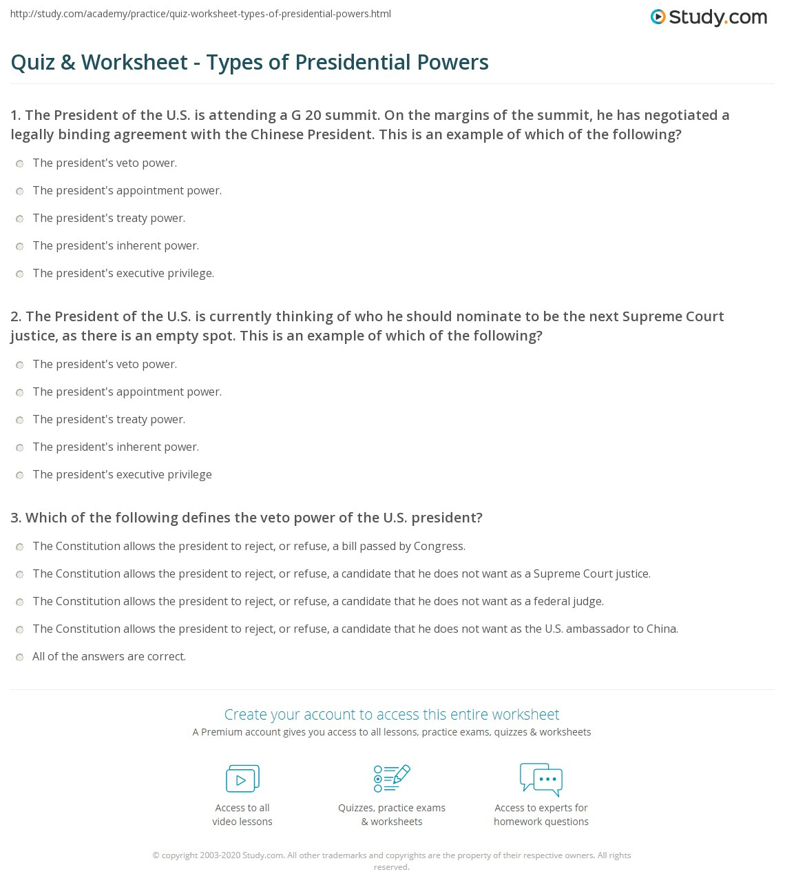 Quiz &amp;amp; Worksheet - Types Of Presidential Powers | Study for The Powers of the President Worksheet