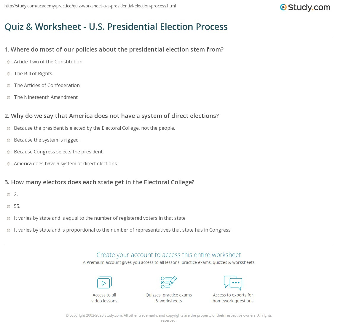 Quiz &amp;amp; Worksheet - U.s. Presidential Election Process | Study with regard to How To Become President of the United States Worksheet